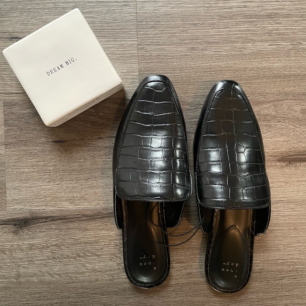 a new day Black Croc-Embossed Slip-On Mules